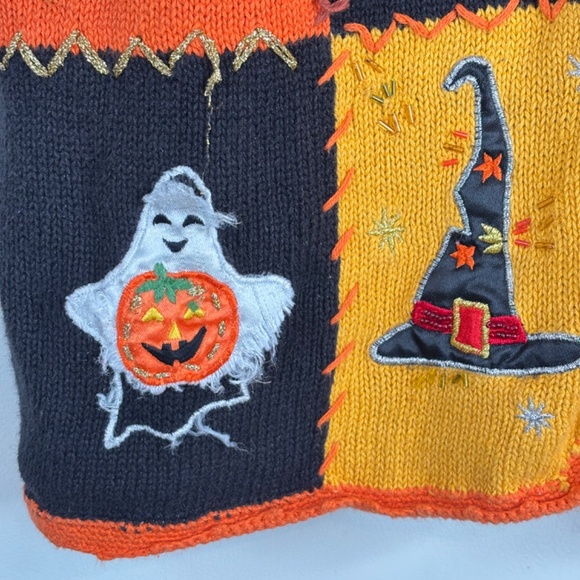 VTG 90s Halloween Sweater Vest L Patchwork Embroidery Orange Witch Hat Black Cat - Picture 3 of 10